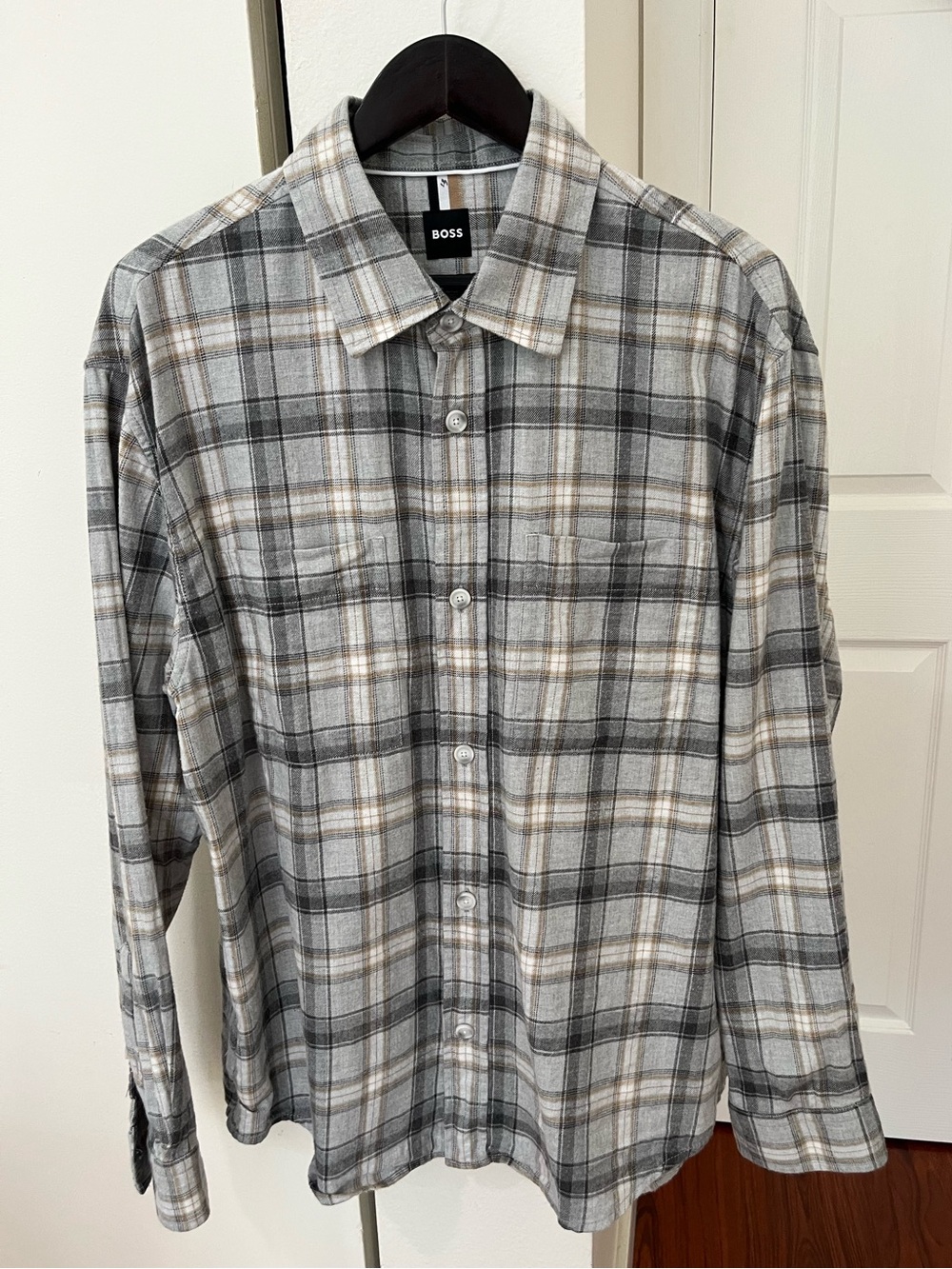 BOSS Gray and Tan Plaid Long-Sleeve Button-Down Shirt